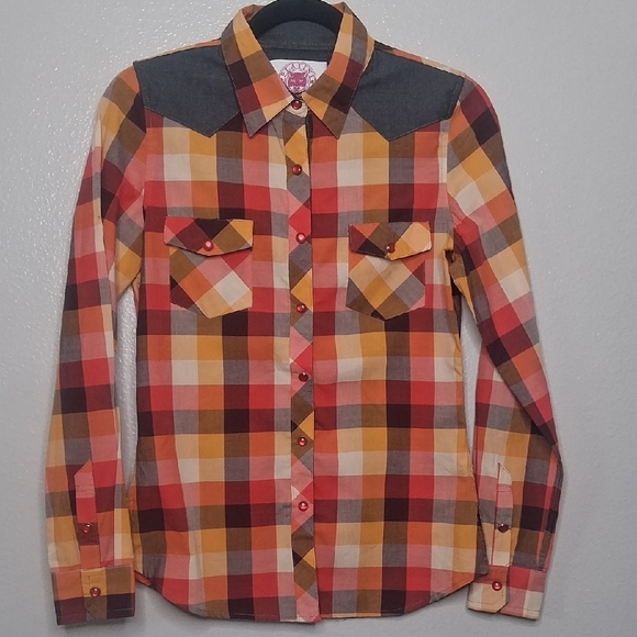 Platini Jeans Cougar Tops - Platini Jeans Cougar Button Up Shirt Womens Multicolor Plaid Western Cowgirl M